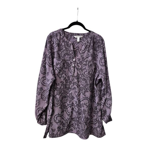 Croft & Barrow Womens 1X Blouse Top Purple Roll Tab Sleeves Pockets Split V-Neck - Picture 1 of 9